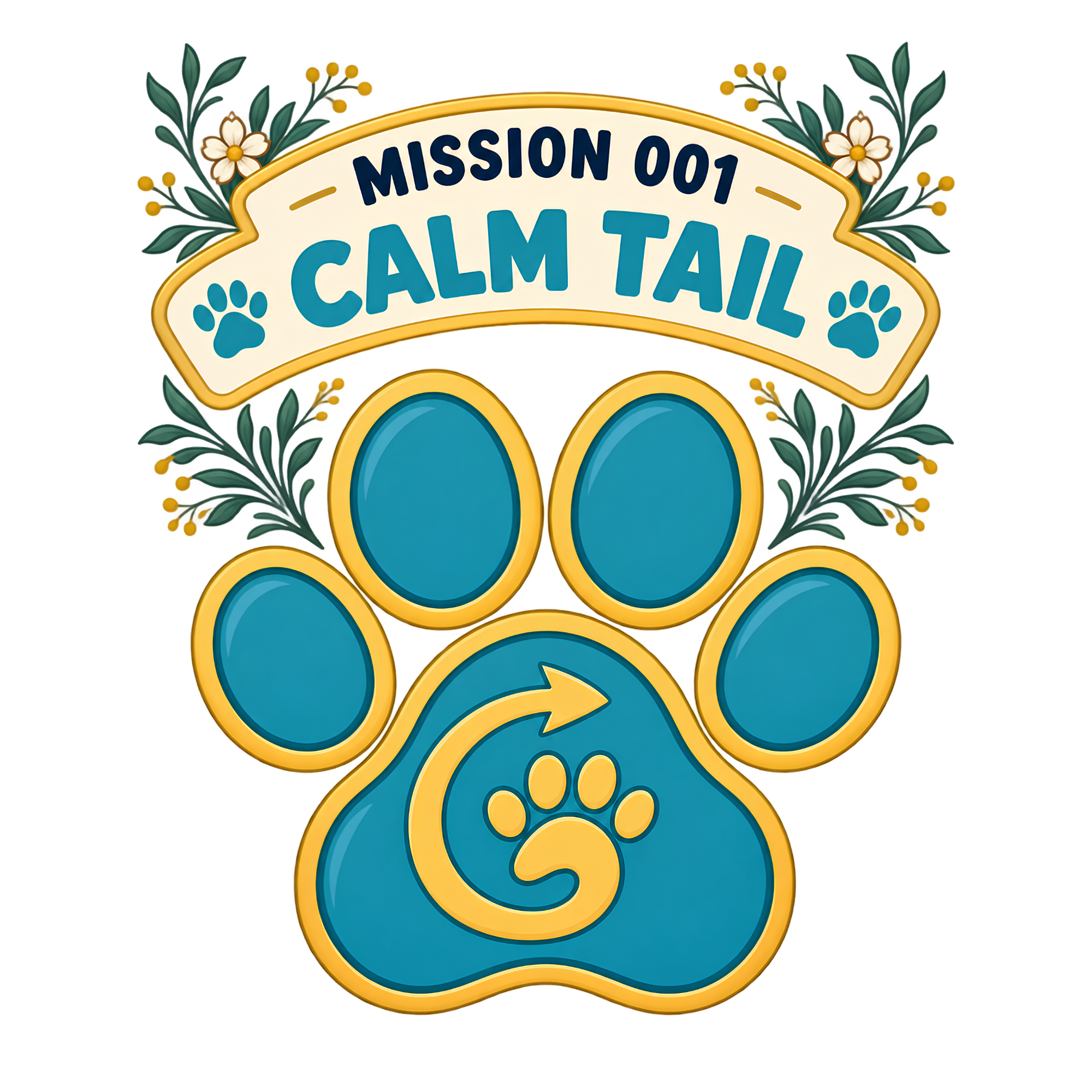 Official Mission 001 Calm Tail Hero Mark, with teal paw and floral details