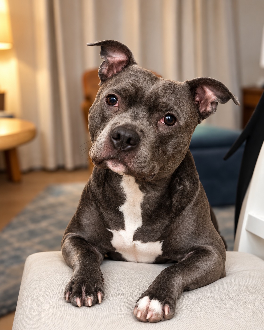 Norman, the real blue Staffordshire Bull Terrier, resting at home with his head tilted